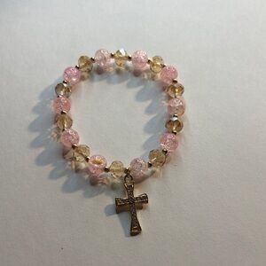 Pink and Gold Beaded Bracelet with Cross Charm